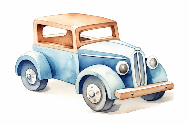 Jest niebiesko-brązowy zabawkowy samochód z drewnianym dachem.