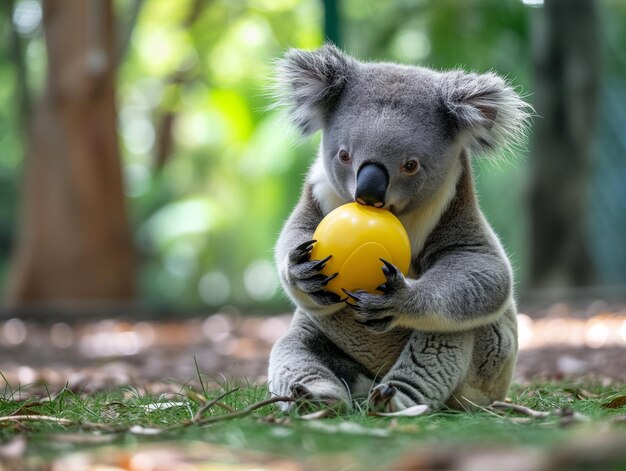 Zdjęcie jest niedźwiedź koala, który trzyma żółtą kulę generatywną ai