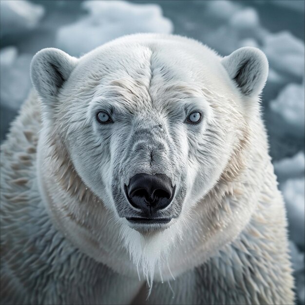 Jest niedźwiedź polarny, który patrzy na kamerę.