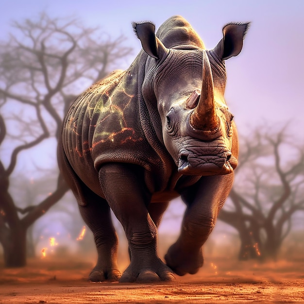 Zdjęcie jest nosorożec chodzący po ziemi z drzewami w tle generatywny ai
