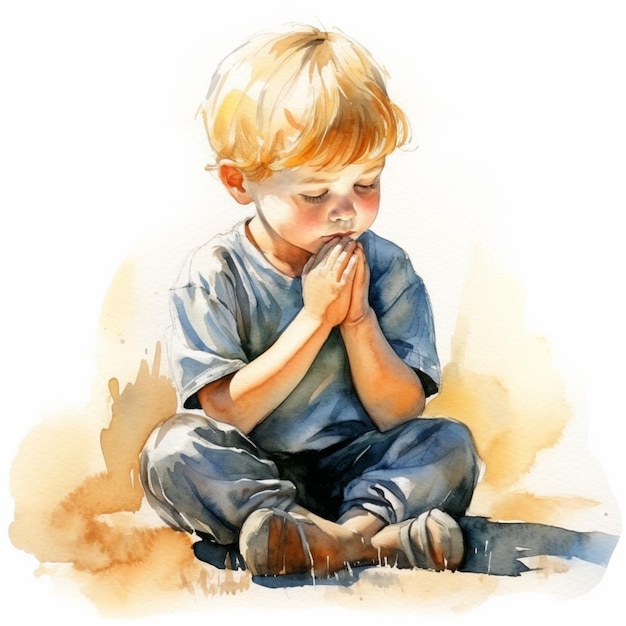 Jest obraz chłopca siedzącego na ziemi modląc się generatywny ai