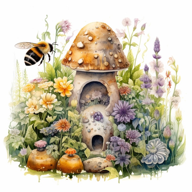 Jest obraz domu z grzybami z pszczołą latającą przez generatywną ai