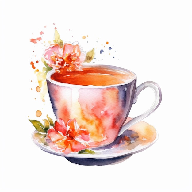 Jest obraz filiżanki herbaty z kwiatami na niej.