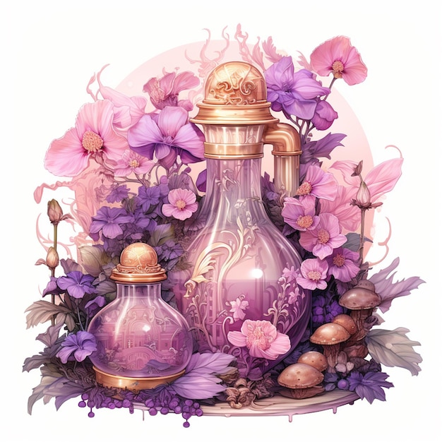Jest obraz fioletowego wazonu i butelki perfum generatywnych ai