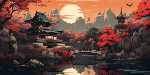 Jest obraz japońskiego krajobrazu z mostem generatywnym ai