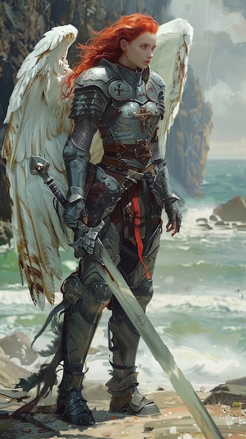 Jest obraz kobiety z mieczem i skrzydłami.
