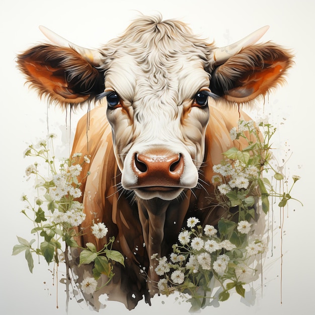 Jest obraz krowy z kwiatami na niej generatywny ai