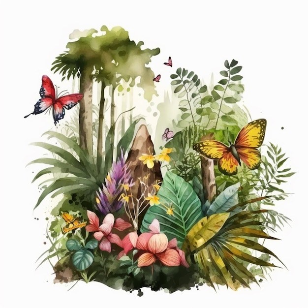 Jest obraz ogrodu z motylami i kwiatami.
