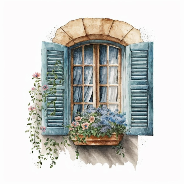 Jest obraz okna z niebieskimi okiennicami i kwiatami generatywnymi ai