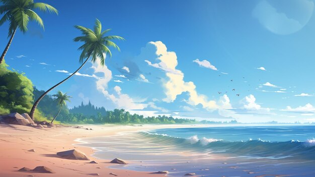 Jest obraz plaży z palmami i falą generującą ai
