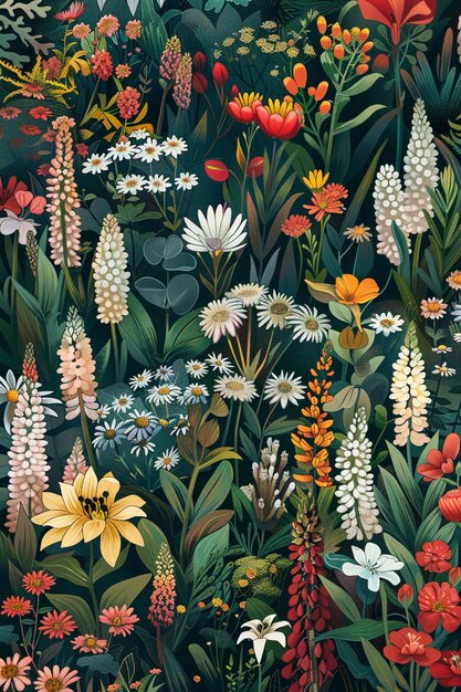 Jest obraz pola kwiatów z wieloma różnymi kolorami generatywny ai