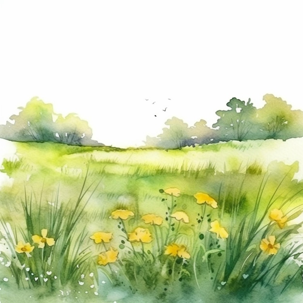 Zdjęcie jest obraz pola z żółtymi kwiatami i trawą generatywną