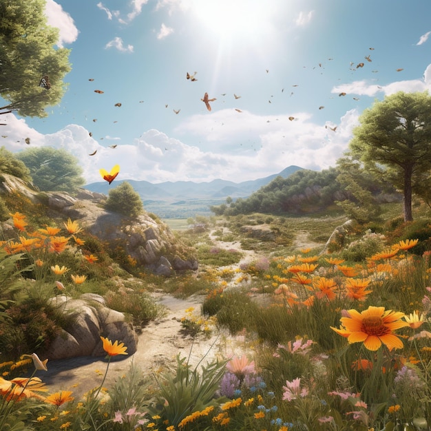 Jest obraz przedstawiający górski pejzaż z kwiatami i ptakami generatywnymi ai