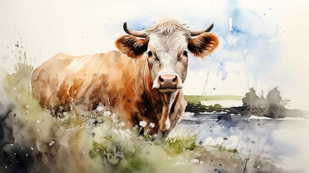 Jest obraz przedstawiający krowę stojącą w polu generatywnym ai