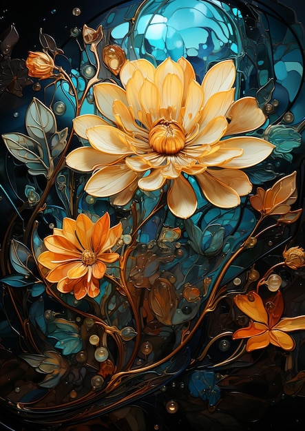 Jest obraz przedstawiający kwiat z wieloma liśćmi i kwiatami generatywnymi ai