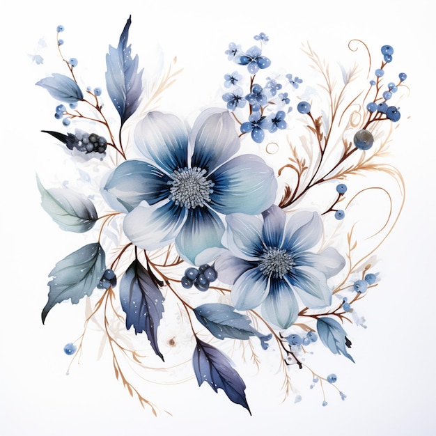 jest obraz przedstawiający niebieski kwiat z liśćmi i jagodami generatywnymi ai