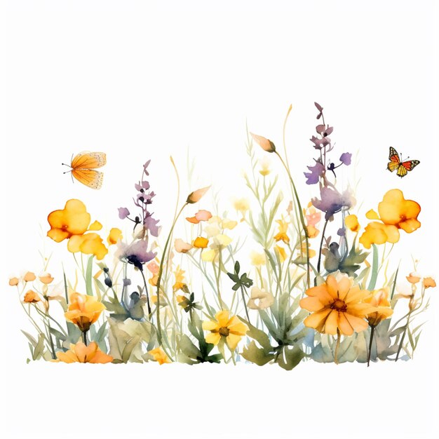Jest obraz przedstawiający pole kwiatów z generatywnymi motylami ai