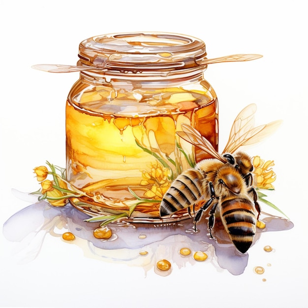 Jest obraz słoika z miodem z pszczołami generatywnymi ai
