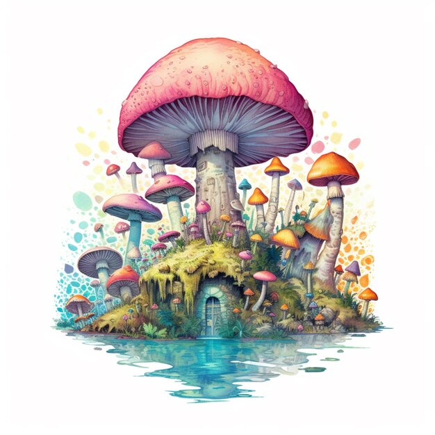 jest obraz wyspy grzybów z wieloma grzybami generatywnymi ai
