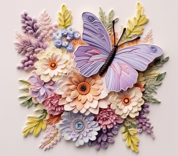 Jest papierowy motyl, który siedzi na generatywnej ai kompozycji kwiatowej
