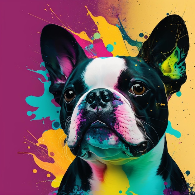 Jest pies, który patrzy w kamerę z kolorowym generatywnym tłem