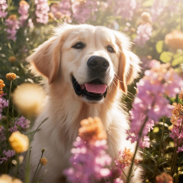 Jest pies, który siedzi w kwiatach generatywny ai