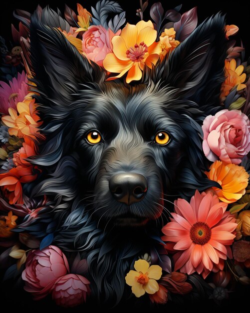 Jest pies z kwiatami na głowie i czarnym tłem generującym ai