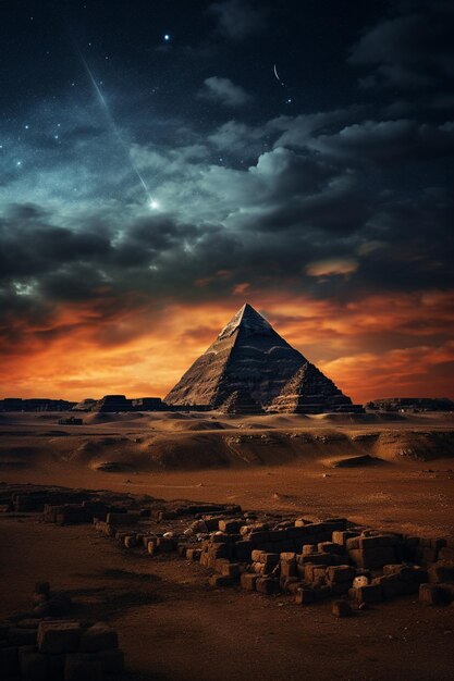 Jest piramida na pustyni z niebem pełnym gwiazd.