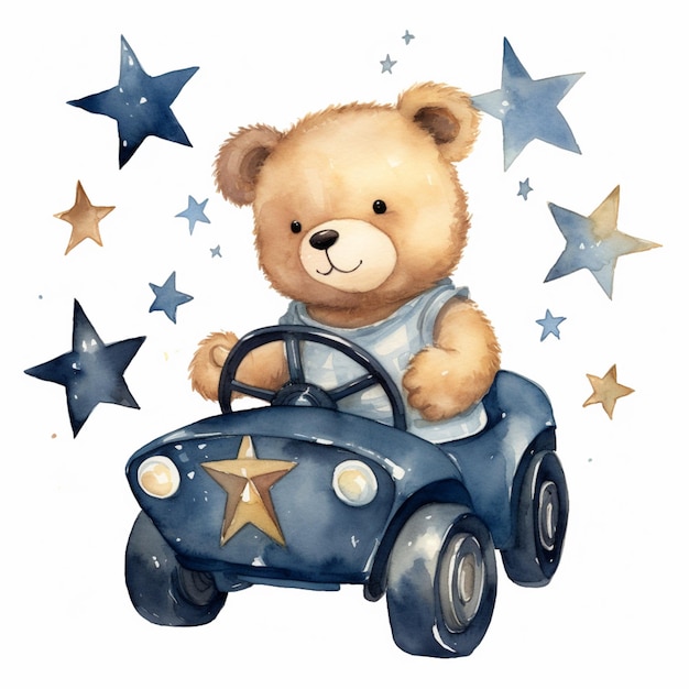 Zdjęcie jest pluszowy niedźwiedź prowadzący zabawkowy samochód z gwiazdami wokół niego generatywny ai