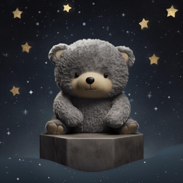 Jest pluszowy niedźwiedź siedzący na piedestale w nocy generatywny ai