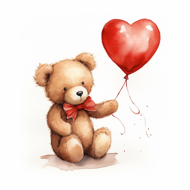 jest pluszowy niedźwiedź trzymający czerwony balon z balonem w kształcie serca przymocowanym generatywny ai