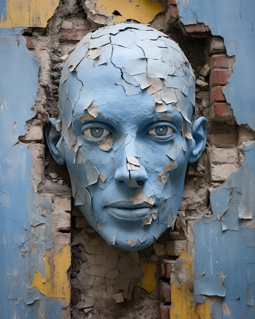 Jest popękana ściana z dziwną twarzą i niebieskimi oczami Generative AI