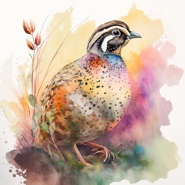 Zdjęcie jest ptak, który siedzi na ziemi z akwarelami i farbami generatywnymi.