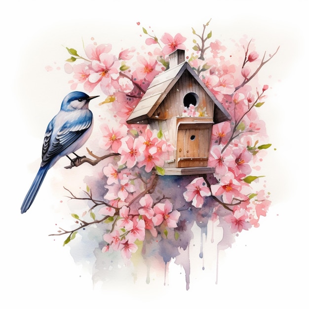 Jest ptak siedzący na gałęzi z domkiem dla ptaków.