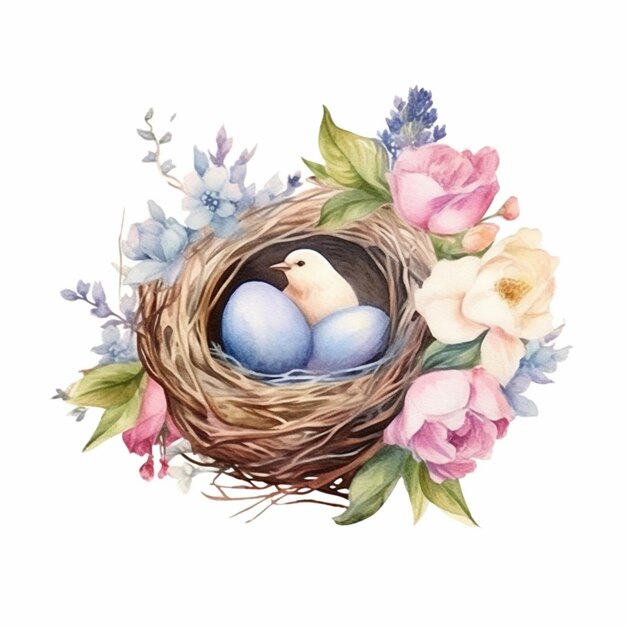 Jest ptasie gniazdo z dwoma niebieskimi jajkami i generatywnymi kwiatami
