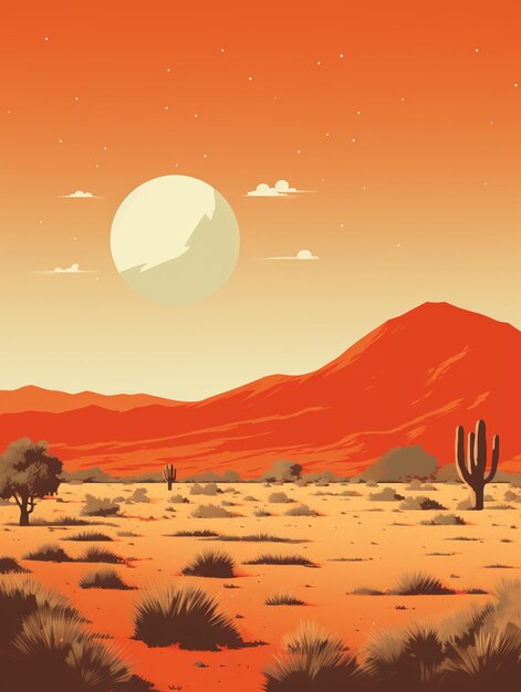 Jest pustynna scena z kaktusem i pełnim księżycem generatywnym ai