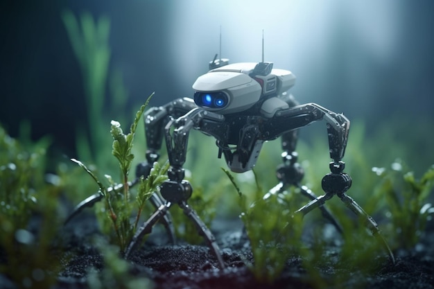 Zdjęcie jest robot, który stoi w trawie.
