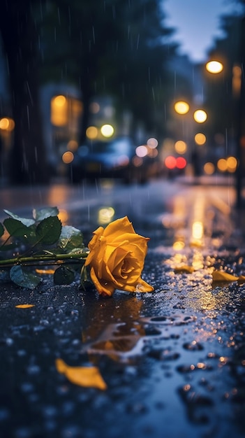 Jest róża, która leży na ziemi w deszczu generatywny ai