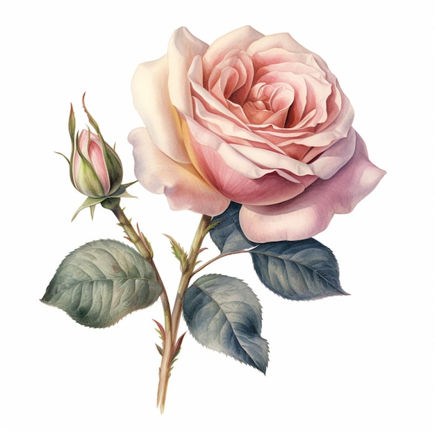 Jest różowa róża z zielonymi liśćmi na łodygi generatywnej ai