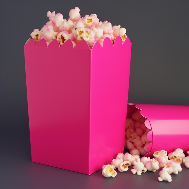Zdjęcie jest różowe pudełko z popcornem i różowy pojemnik z popcornem generatywnym ai