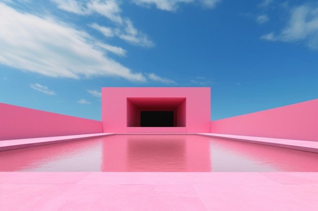 Jest różowy budynek z basenem w środku.