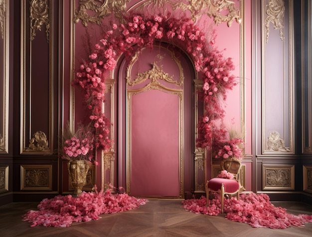 Jest różowy pokój ze złotym łukiem i różowym krzesłem.