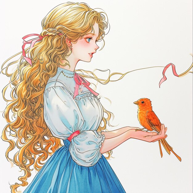 Zdjęcie jest rysunek dziewczyny trzymającej ptaka w ręku generatywny ai