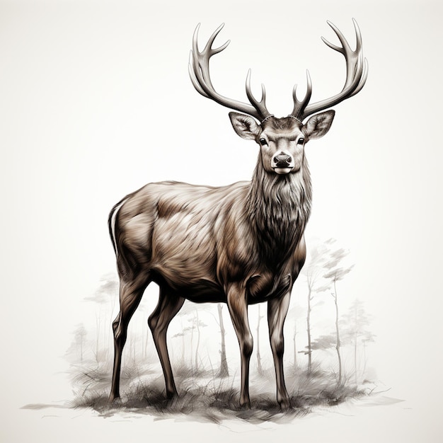 Jest rysunek jelenia z dużymi rogami stojącego w trawie.