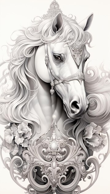 Zdjęcie jest rysunek konia z koroną na głowie.