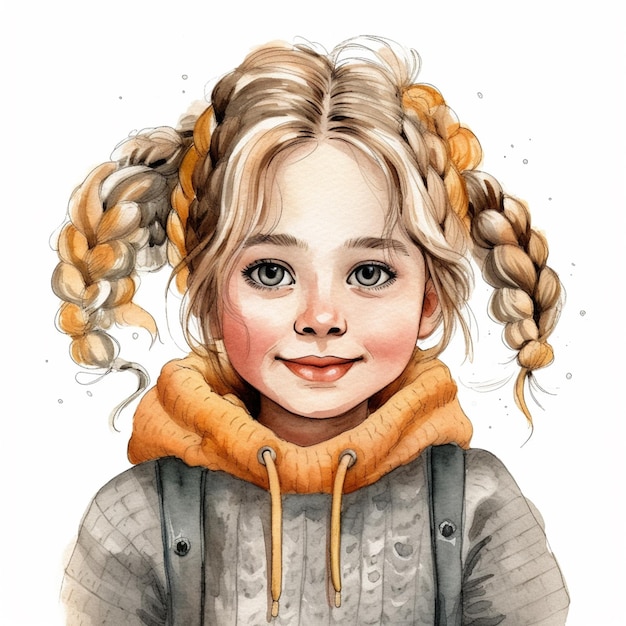 Zdjęcie jest rysunek małej dziewczynki z plecionkiem w włosach.