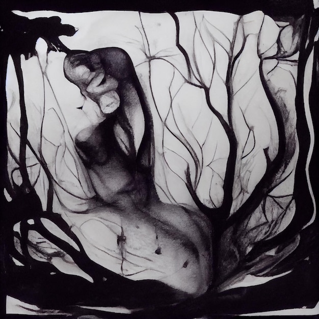 Zdjęcie jest rysunek nagiego mężczyzny na drzewie.