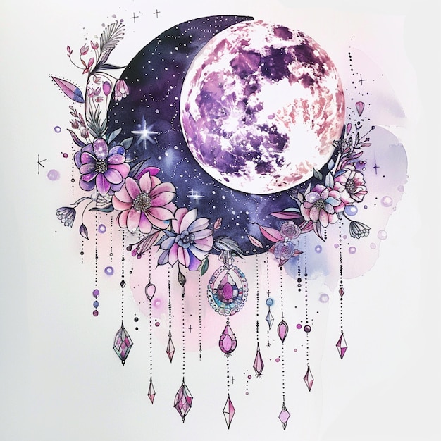 Jest rysunek pełnia księżyca z kwiatami i koralikami.