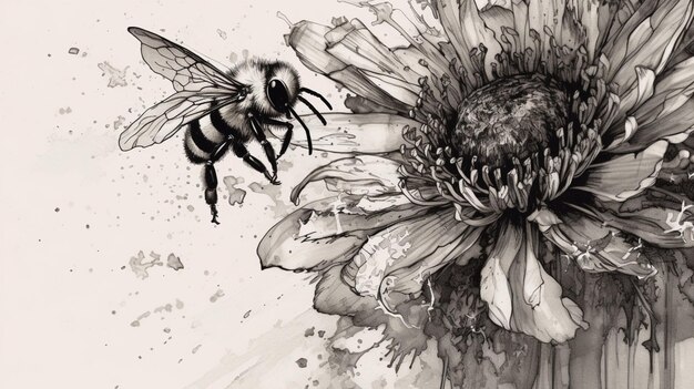 Jest rysunek pszczoły latającej w pobliżu kwiatu.