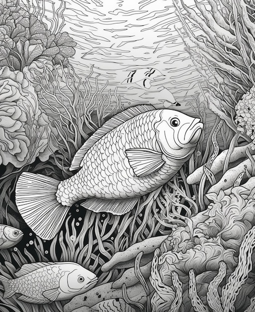 jest rysunek ryby w wodzie z innymi generatywnymi rybami